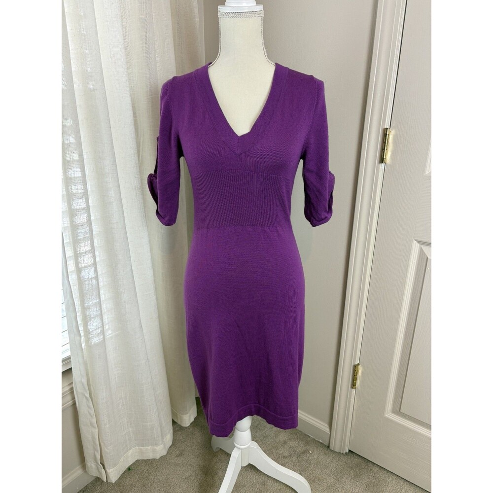 Banana Republic Merino Wool Knee Length Dress Women XS V Neck Purple 3/4 Sleeve
